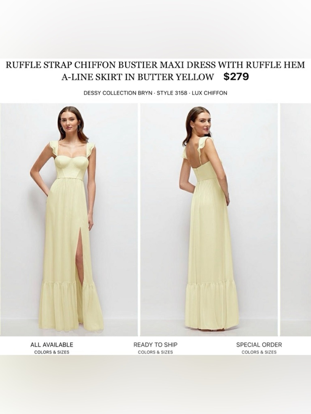 Dessy Collection Butter Yellow Chiffon Bustier Ruffle-Strap Maxi